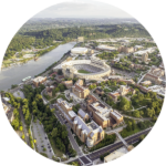 Aerial shot of UT campus showing trees