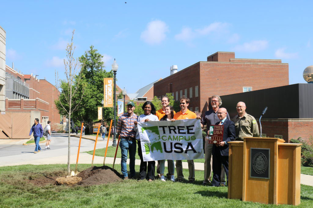 Employees of Facilities Services holding a Tree Campus USA banner outside on a sunny day.